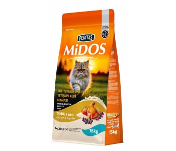 MIDOS Cat Hairball Chicken - с пилешко и зеленчуци за котки, за контрол на космените топки,  15 кг